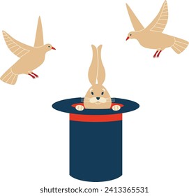 Cute brown rabbit in magician s hat with flying doves. Magic performance, animal popping out of a magic hat, trick illusion vector illustration.