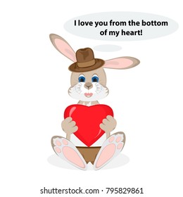 Cute brown rabbit sitting in a hat and trousers. In the paws holding a big red heart. Smiling.Cloud of the text.I love you from the bottom of my heart.Isolated,white background.Valentine day