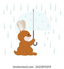 Um coelho castanho fofo está sentado sob um guarda-chuva claro na chuva. Adorável e calma vetor ilustração cartoon. Adequado para tema de estação chuvosa, conteúdo infantil ou design de estilo de livro de histórias.

