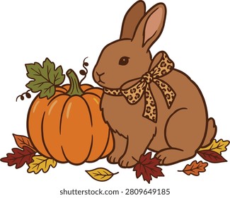 Cute brown rabbit vector illustration with a large pumpkin, autumn leaves, and a leopard print bow. Cozy Thanksgiving bunny clipart.