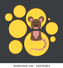 Cute Brown Rat inside Piece Of Cheese. Illustration of funny cartoon mouse. Rat and mouse in cheese home creativity cartoon abstract background