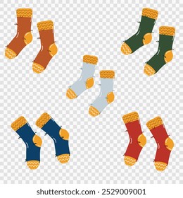 Cute brown, red, green, blue, and gray pairs of socks with transparent background. Good for  stickers, textile prints, stamps, cards, banners, decorations