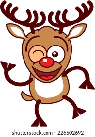 Cute brown reindeer with big antlers and red nose while raising a leg, winking and waving enthusiastically