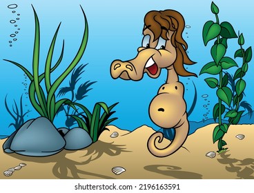 Cute Brown Sea Horse with Smile and Blue Eyes - Colored Cartoon Illustration with Background, Vector