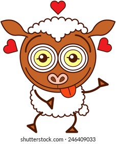 Cute brown sheep with long ears, funny bulging eyes and covered with white wool while sticking its tongue out, showing red hearts around its head and feeling lucky in love