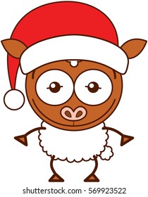 Cute brown sheep with pointy ears, white wool and wearing a Christmas Santa hat while wide opening its eyes, stretching its arms, smiling enthusiastically and posing proudly