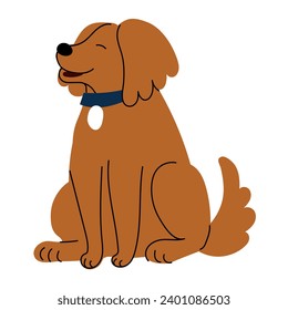 A cute brown shepherd is sitting smiling and happy. Vector simple flat hand-drawn clipart. A big pet, a human friend. A dog with a collar isolated on a white background. Cartoon character