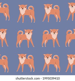 Cute brown shiba inu dogs with funny eyes on a blue background. Dog seamless pattern. 