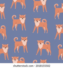 Cute brown shiba inu with funny eyes. Adorable purebred dog from Japan on a blue background. Hand drawn animal vector illustration. Dogs seamless pattern.