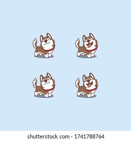 Cute brown siberian husky dog cartoon set, vector illustration