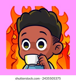 cute brown skinned boy drink coffee between fire it is fine emotes sticker cartoon vector illustration