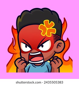 cute brown skinned boy feel angry rage emotes sticker cartoon vector illustration