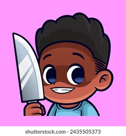 cute brown skinned boy holding knife emotes sticker cartoon vector illustration