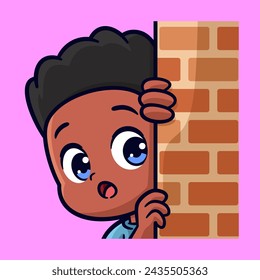 lindo niño de piel marrón que mira detrás de una pared acechan emociones pegatina ilustración vectorial de dibujos animados