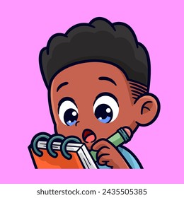 cute brown skinned boy taking a notes emotes sticker cartoon vector illustration