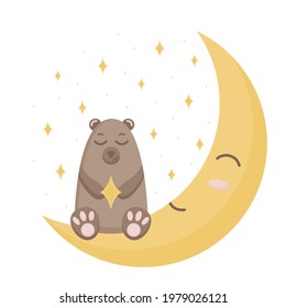 Cute brown sleeping bear. Night sky with stars and moon. Isolated elements on a white background. Vector illustration for the nursery. Image for poster, greeting card, party invitation for children.