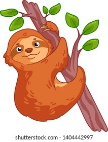 Cute brown sloth hanging on a branch. Cartoon animal vector illustration. Unique hand drawn vector illustration. It can be used for sticker, patch, print, poster, t-shirt, holiday, party decor