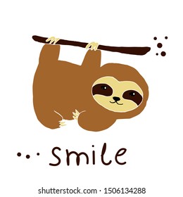 Cute brown sloth hanging on a branch on white background. Ready illustration, for greeting cards, posters, stickers, Souvenirs, notebooks, calendars and design.Hand-drawn. Vector
 
