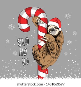 Cute brown sloth in a red Santa's hat on a big lollipop. Slo Ho Ho - lettering quote. Christmas and New year card, Humor composition, hand drawn style print. Vector illustration.