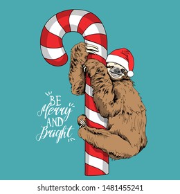 Cute brown sloth in a red Santa's hat on a big lollipop. Be merry and bright - lettering quote. Christmas and New year card, Humor composition, hand drawn style print. Vector illustration.