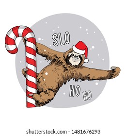 Cute brown sloth in a red Santa's hat on a big lollipop. Slo Ho Ho - lettering quote. Christmas and New year card, Humor composition, hand drawn style print. Vector illustration.