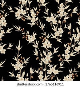 cute brown small vector flowers with leaves pattern on black background