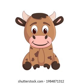 Cute brown smiling bull on a white background. The bull is sitting. Isolated. Cartoon style. Vector illustration