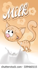 Cute brown smiling cat on beige milk design - vector illustration
