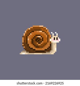 Cute Brown Snail For Pixel Animation. A Minor Character For A Video Game. Mollusk With A Spiral Shell In The Old Style. Vector Illustration Of Isolated Wildlife Objects. A Dish Of French Cuisine.