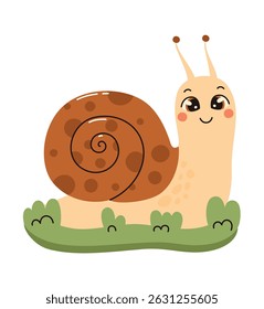 Cute brown snail sits on the grass. Flat vector illustration.
