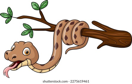 Cute brown snake cartoon on tree branch