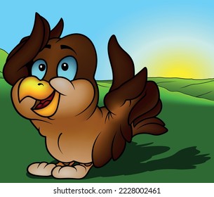 Cute Brown Sparrow with Blue Eyes - Colored Cartoon Illustration with Background, Vector
