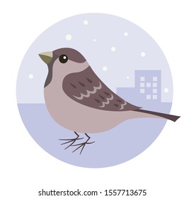 Cute brown sparrow in cartoon style in a round frame on a background of a winter city.
