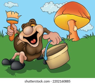 Cute Brown Spider with Big Smile as a Room Painter with a Brush and a Bucket in his Hands - Colored Cartoon Illustration with Background, Vector