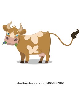Cute brown spotted cow, funny farm animal cartoon character vector Illustration on a white background. Cow eating grass