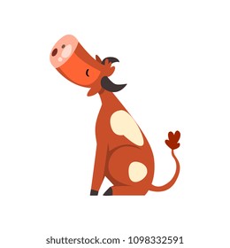 Cute brown spotted cow sitting on the ground and mooing, funny farm animal cartoon character vector Illustration on a white background