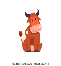 Cute brown spotted cow sitting on the ground, funny farm animal cartoon character vector Illustration on a white background