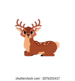 Cute brown spotted deer with horns. Forest wild animal. Vector cartoon illustration. Isolated on white background.