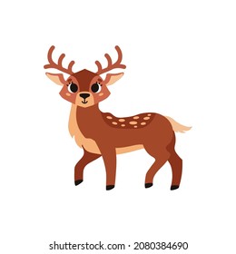 Cute brown spotted deer with horns. Forest wild animal. Vector cartoon illustration. Isolated on white background.