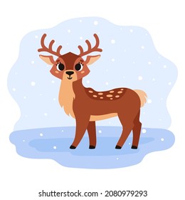 Cute brown spotted deer with horns. Forest wild animal. Winter time. Vector cartoon illustration. Isolated on white background.