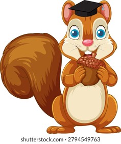 A cute brown squirrel character wearing a mortarboard cap holds an acorn on white background.
