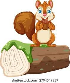 A cute brown squirrel stands on a wooden log holding an acorn in vector style.