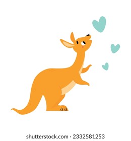 Cute Brown Standing Kangaroo Marsupial Character with Pouch Watching Heart Vector Illustration