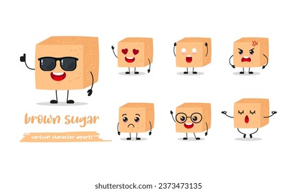 cute brown sugar cartoon with many expressions. food different activity pose vector illustration flat design set with sunglasses.