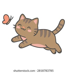 Cute brown tabby cat chasing a butterfly vector illustration on white background
