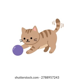 Cute brown tabby cat playing with ball toy vector illustration. Flat playful striped kitten wagging tail cartoon character icon isolated on white background
