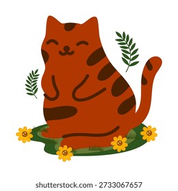 Gato atigrado marrón lindo que se sienta entre las flores del jardín y las hojas verdes de la planta