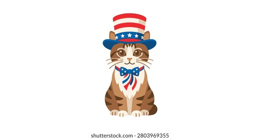 A cute brown tabby cat sitting and wearing a red, white, and blue top hat and bow tie, symbolizing American patriotism.