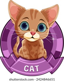 Cute brown tabby kitten inside a purple emblem