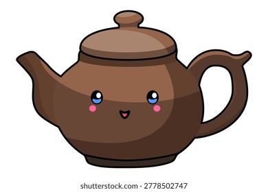 Cute brown teapot with smiling face and big blue eyes. Adorable kawaii emotional teapot illustration. Fun kitchenware concept for tea time and cozy home decor